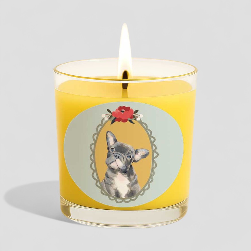 Vanilla scented candle in glass with dog illustration on label and matching box