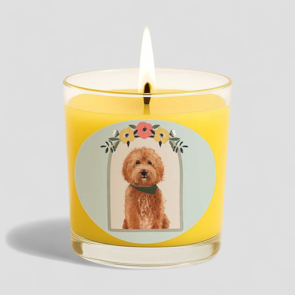 Vanilla scented candle with a dog illustration on the label and box