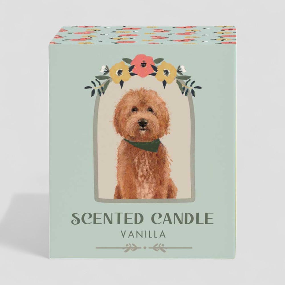 Vanilla scented candle with a dog illustration on the label and box