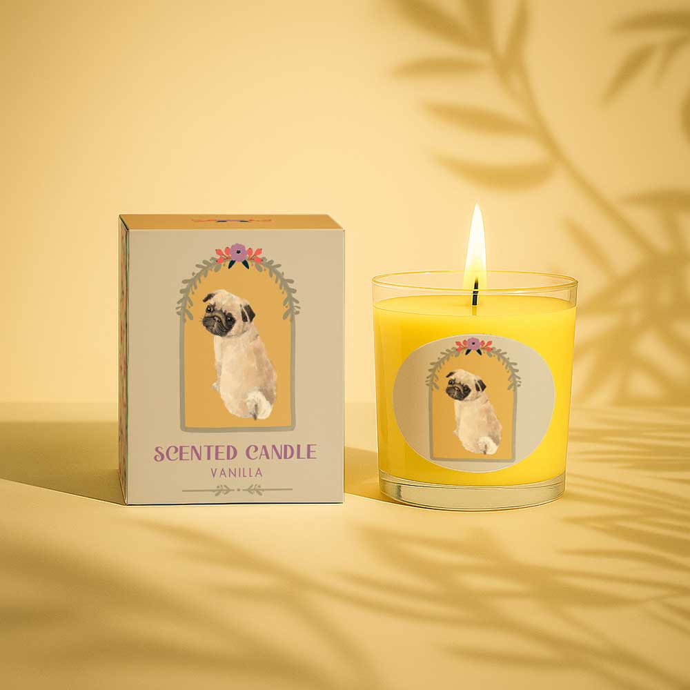 Vanilla scented candle with a pug illustration on the glass and box