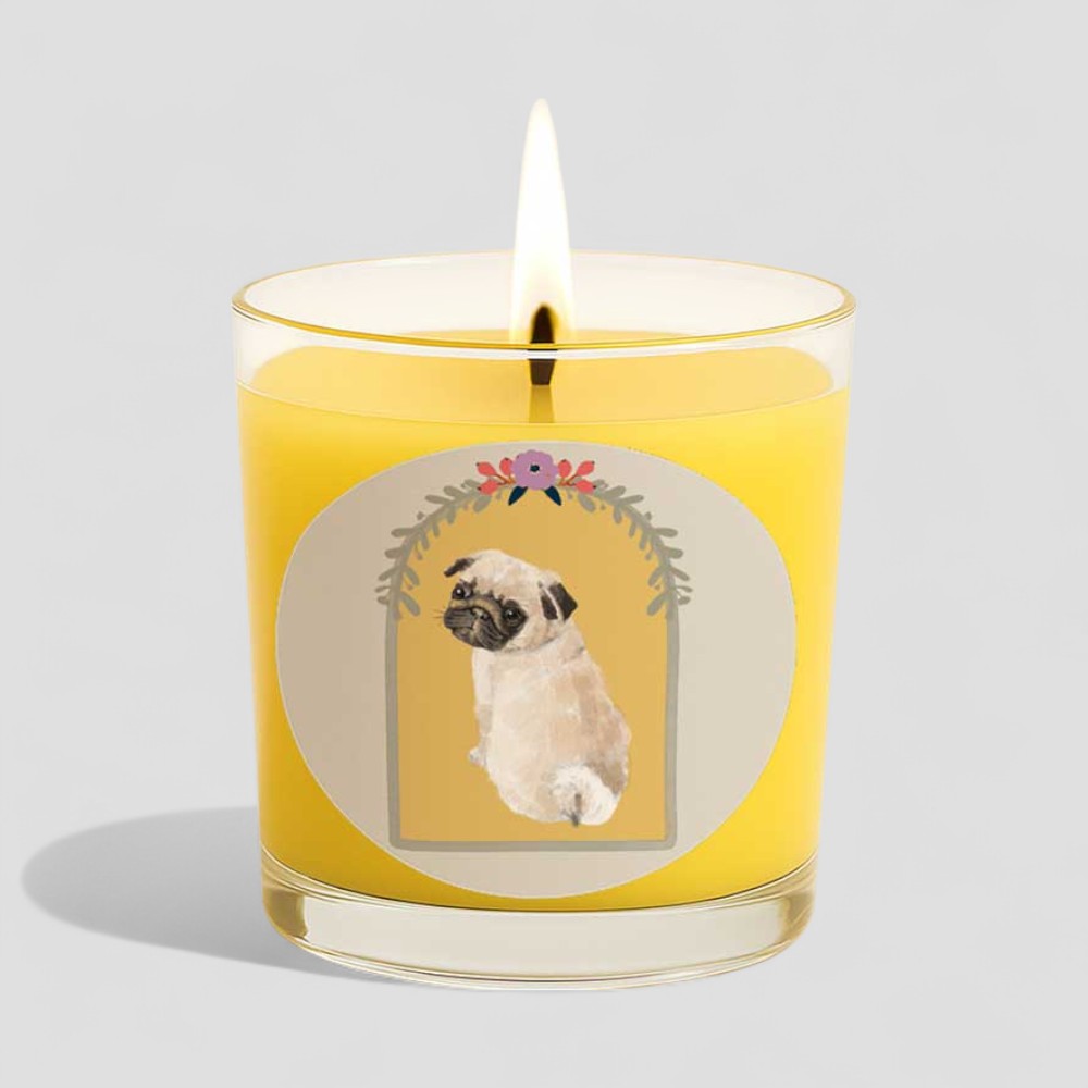 Vanilla scented candle with a pug illustration on the glass and box
