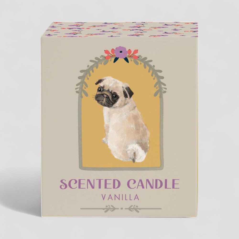 Vanilla scented candle with a pug illustration on the glass and box