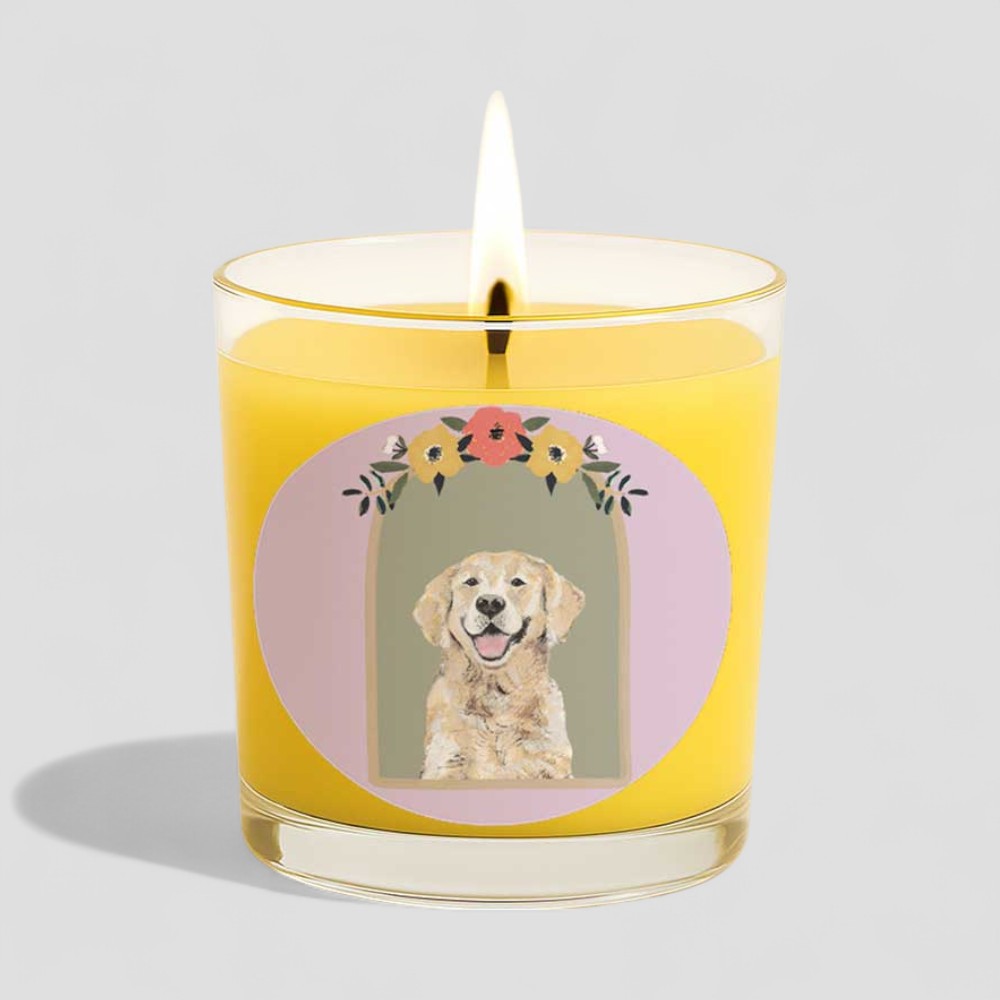 Vanilla scented candle with smiling dog illustration on glass and box