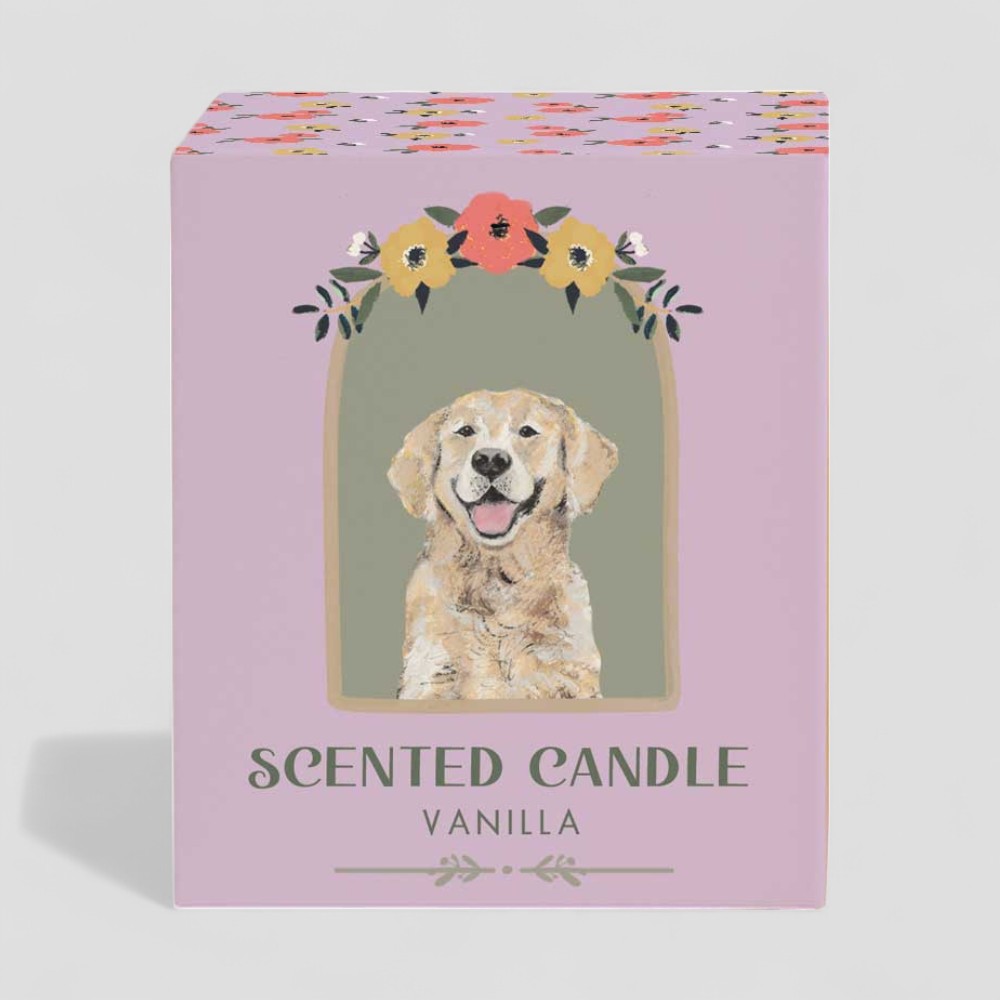 Vanilla scented candle with smiling dog illustration on glass and box