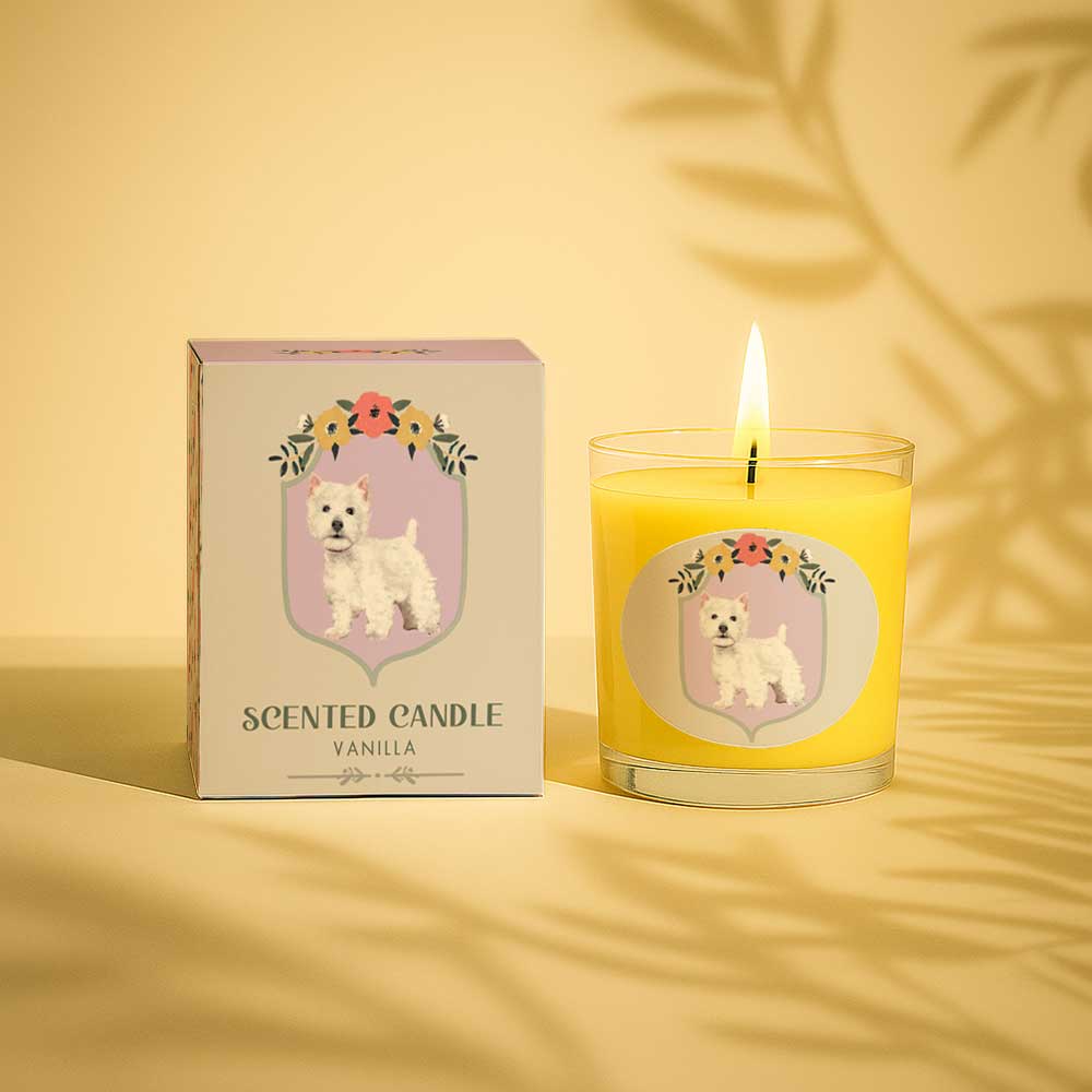 Vanilla scented candle with white dog and floral design on glass and box