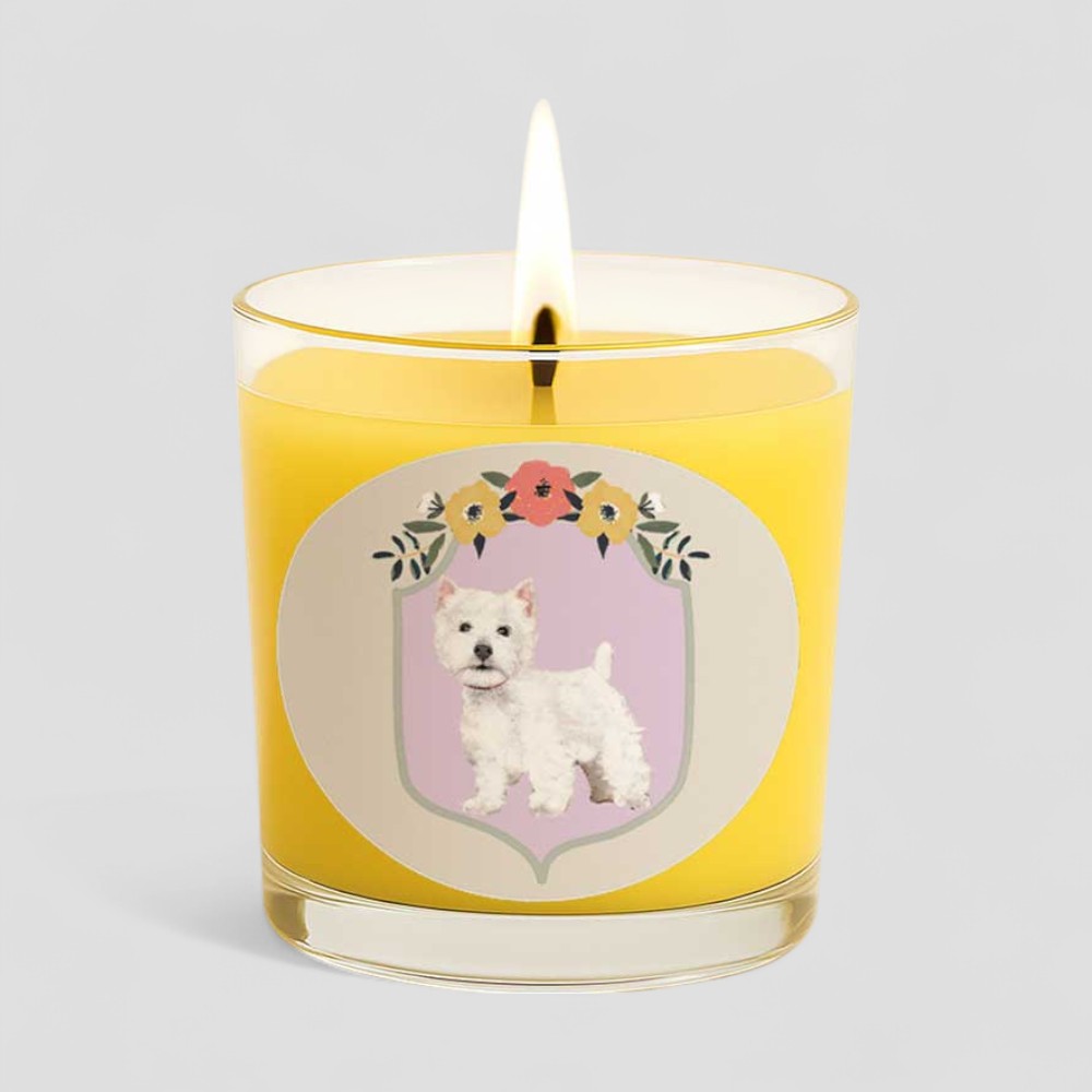 Vanilla scented candle with white dog and floral design on glass and box