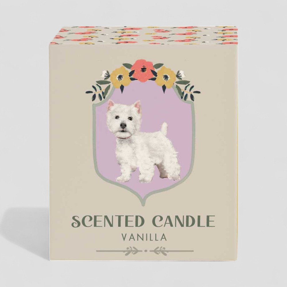 Vanilla scented candle with white dog and floral design on glass and box