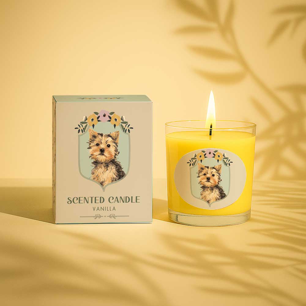 Vanilla scented candle with a small dog illustration on the glass and box