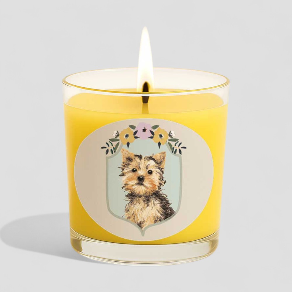 Vanilla scented candle with a small dog illustration on the glass and box