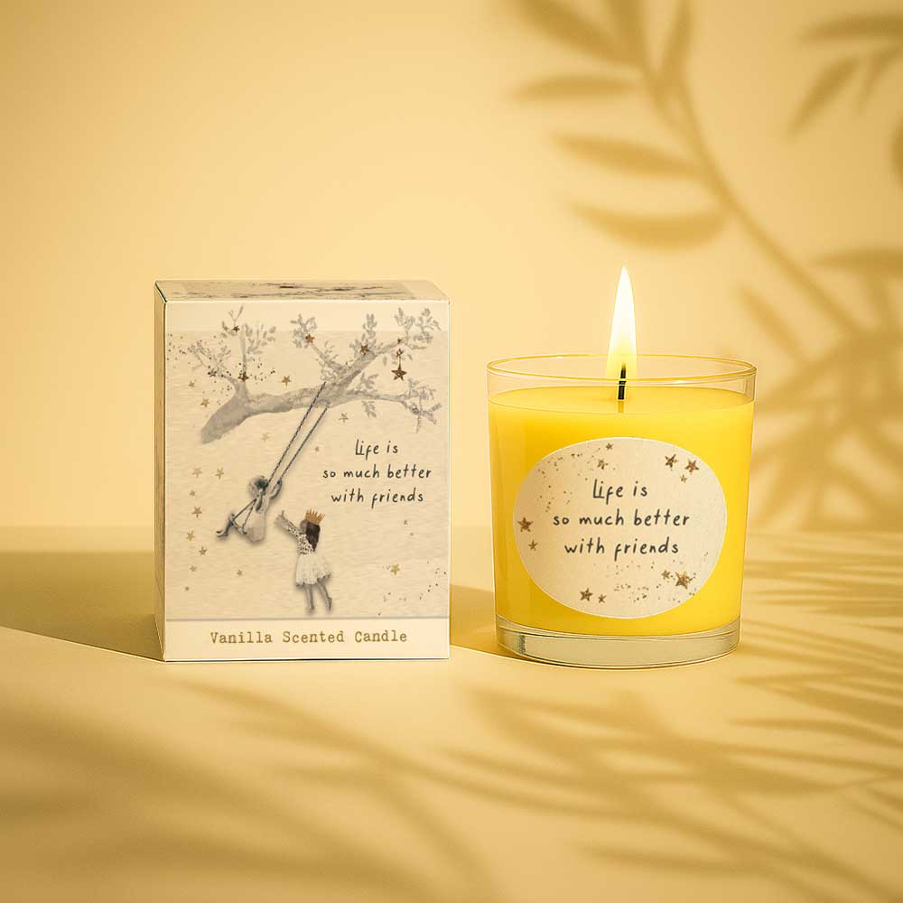 Vanilla scented candle with text life is so much better with friends and decorative box