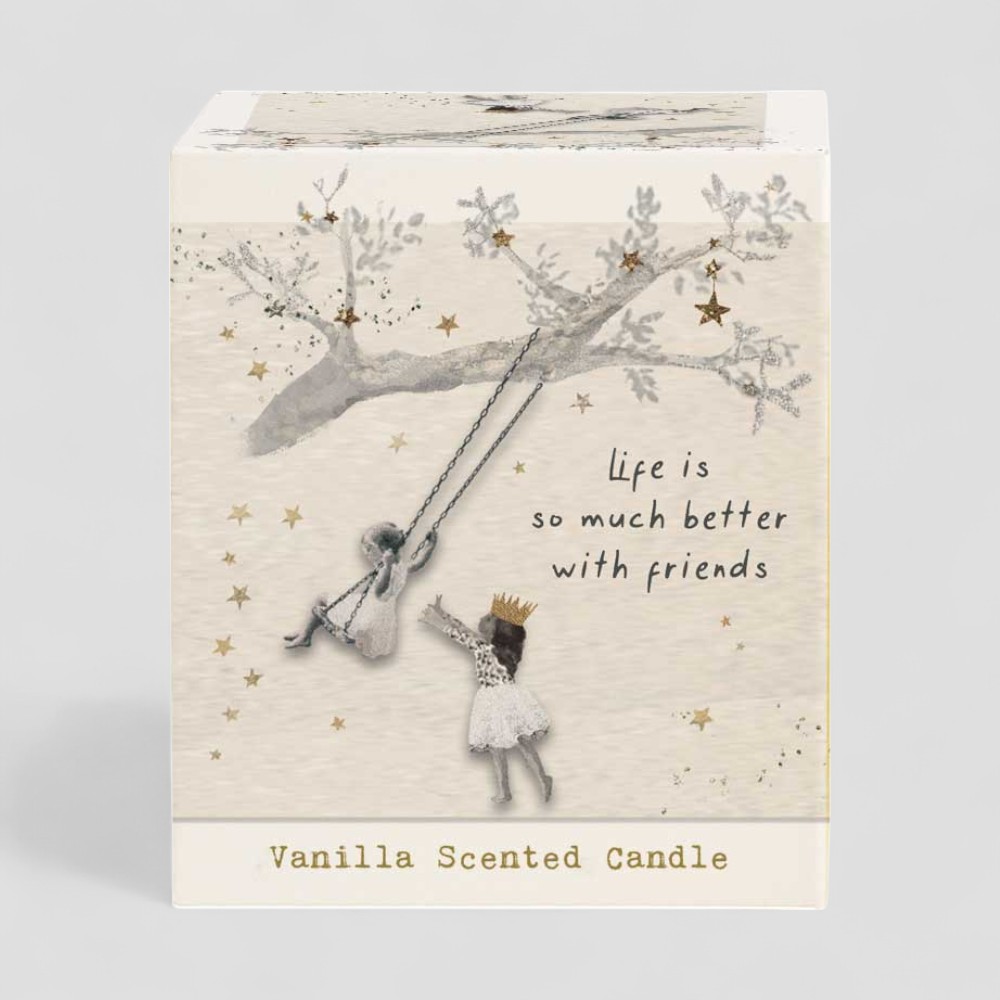 Vanilla scented candle with text life is so much better with friends and decorative box