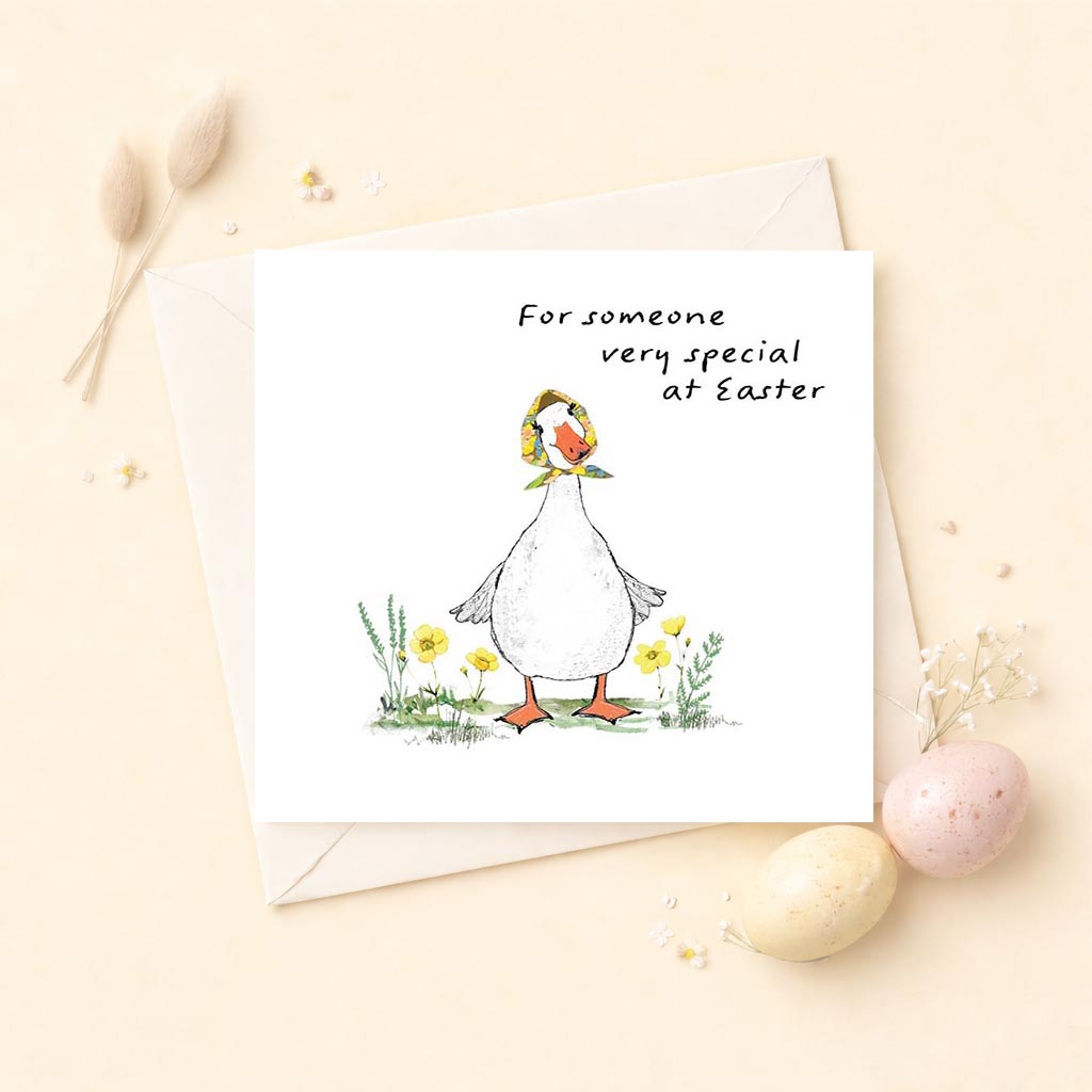Charming duck card with flower, perfect for spreading joy and warm wishes.