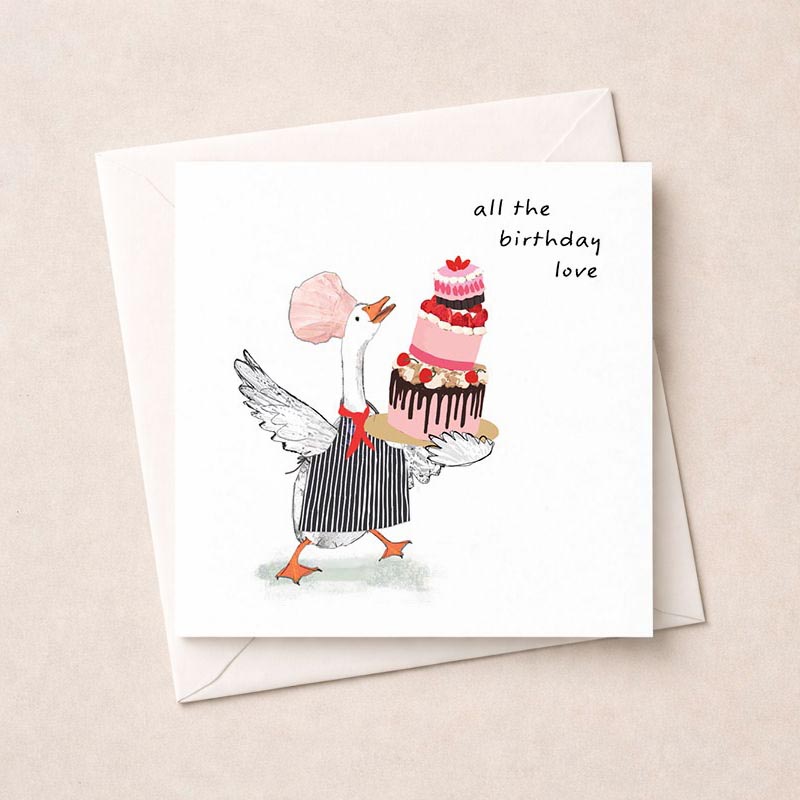 Cute duck balancing cake on greetings card. Perfect for birthdays or thanking cake-loving friends. Ideal for those who love sweet gestures. Spread joy!