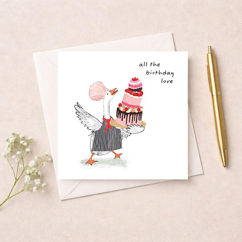 Cute duck balancing cake on greetings card. Perfect for birthdays or thanking cake-loving friends. Ideal for those who love sweet gestures. Spread joy!