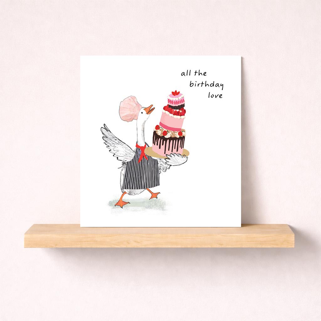 Cute duck balancing cake on greetings card. Perfect for birthdays or thanking cake-loving friends. Ideal for those who love sweet gestures. Spread joy!