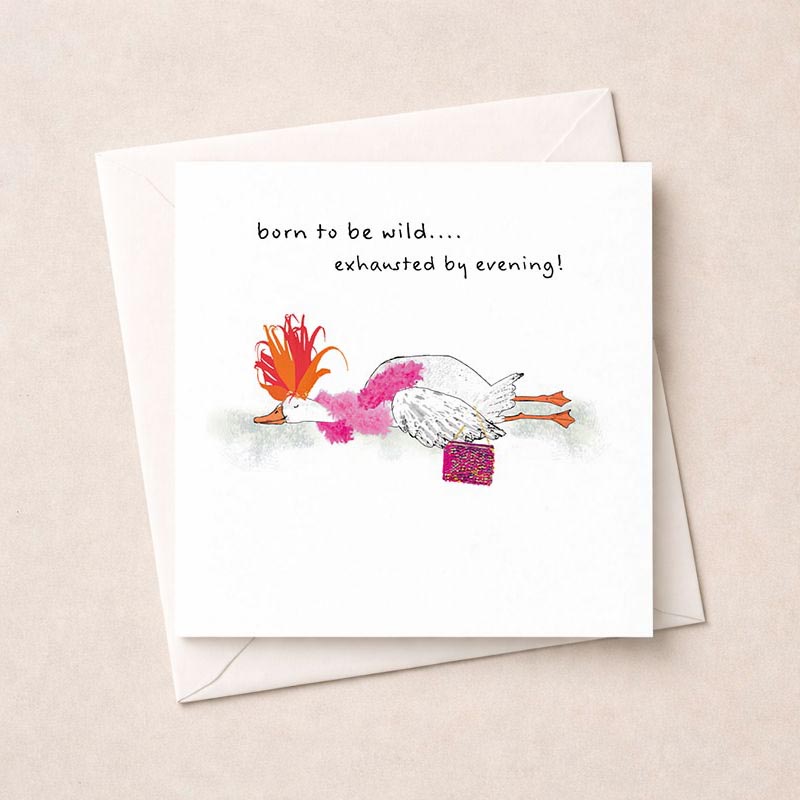 Cheerful cartoon bird on pink feathered greetings card, perfect for spreading joy to loved ones. Cute design for friends, family, or colleagues.