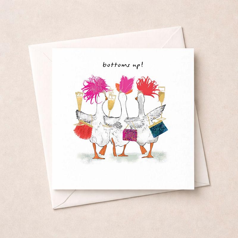 Cheerful greetings card with three ducks and pink hair, perfect for spreading joy and smiles. Ideal for a friend who loves whimsy.