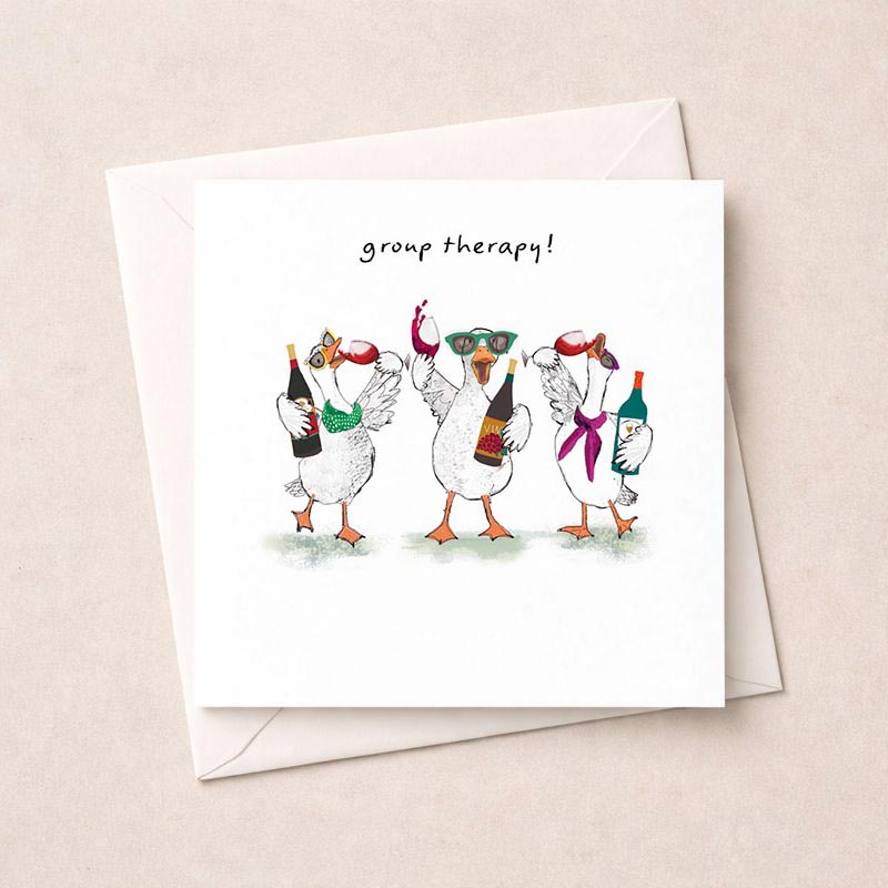Cheerful greetings card with ducks enjoying wine, perfect for spreading joy and laughter to friends or loved ones.