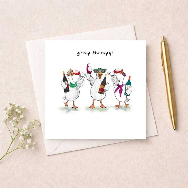 Cheerful greetings card with ducks enjoying wine, perfect for spreading joy and laughter to friends or loved ones.