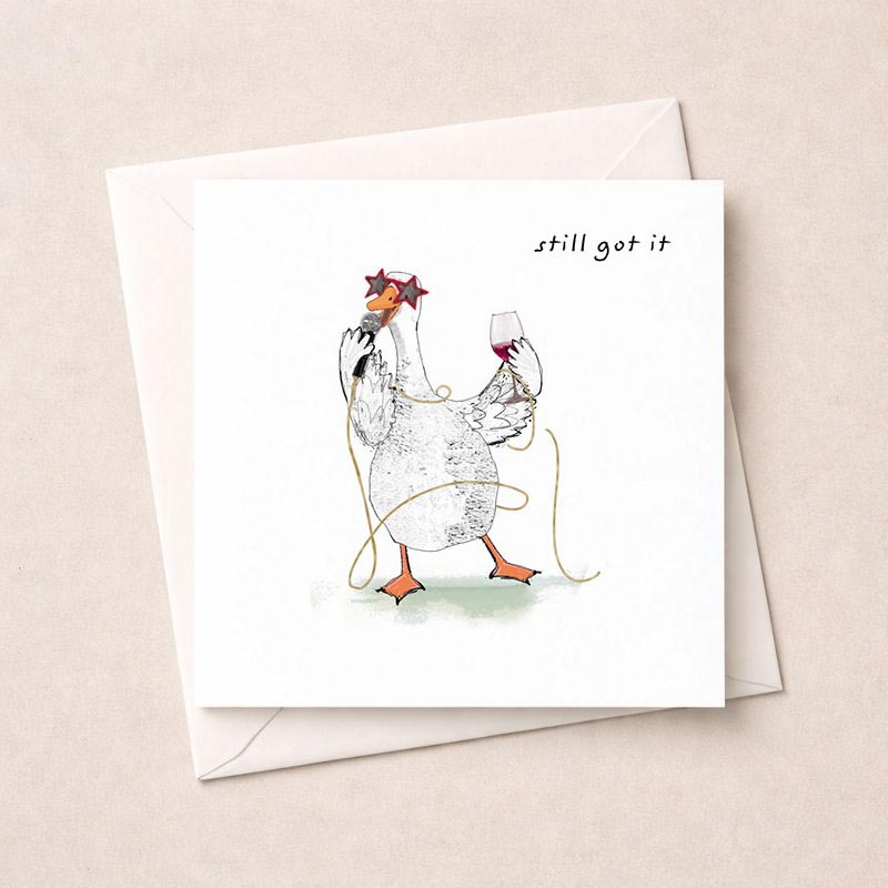 Cheeky chicken toasting with wine glass and star on head, perfect for animal lovers and wine enthusiasts. Spread joy with this quirky card!