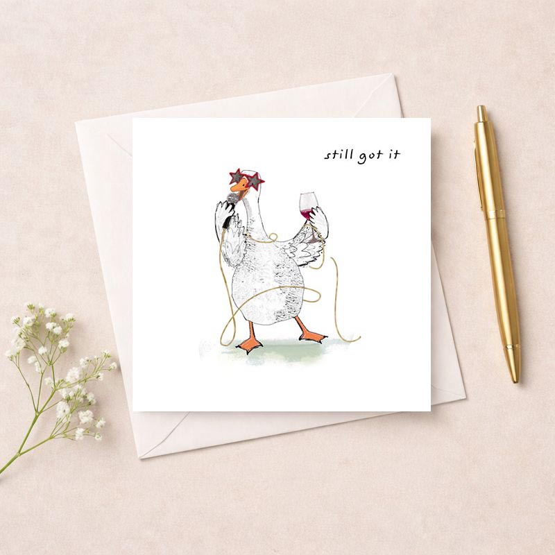Cheeky chicken toasting with wine glass and star on head, perfect for animal lovers and wine enthusiasts. Spread joy with this quirky card!