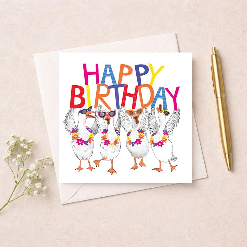 Quirky greetings card with ducks in sunglasses and flower garland, sure to bring a smile. Ideal for birthdays or spreading cheer.