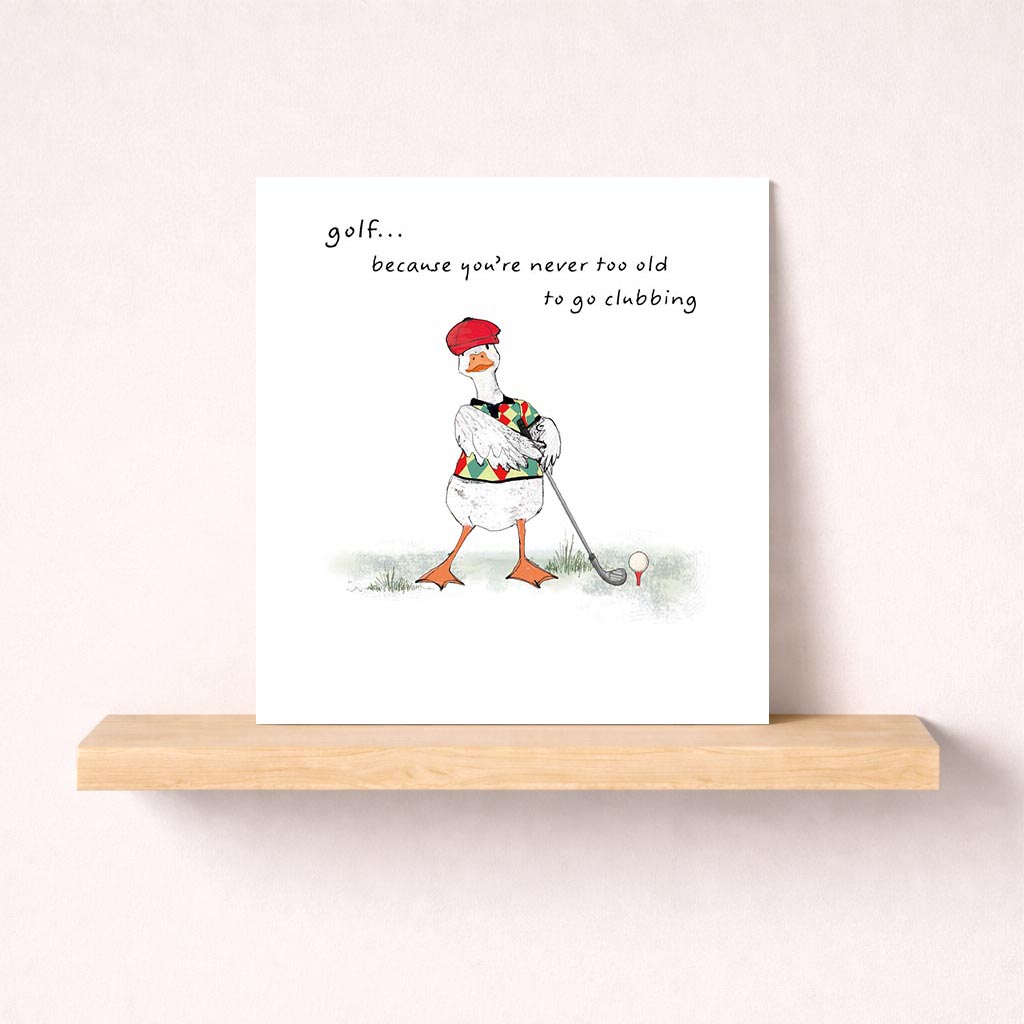 Playful duck with golf club and ball on greetings card, perfect for spreading cheer and laughter. Ideal for golf enthusiasts and those who love quirky designs.