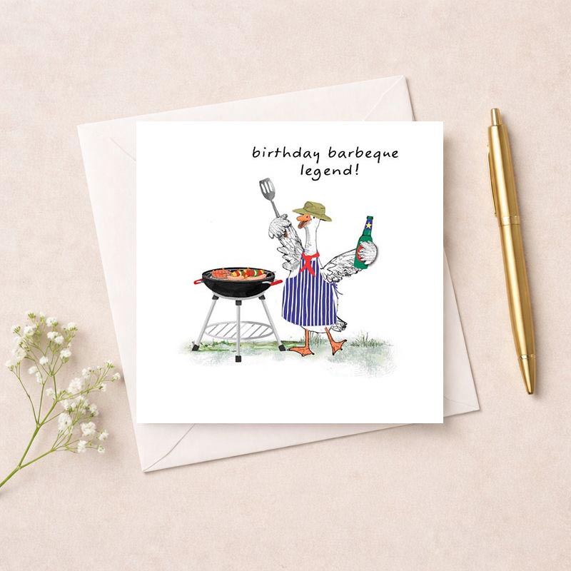 Fun greetings card with a duck in a hat holding a knife &amp; fork next to a BBQ and beer bottle. Perfect for BBQ lovers!