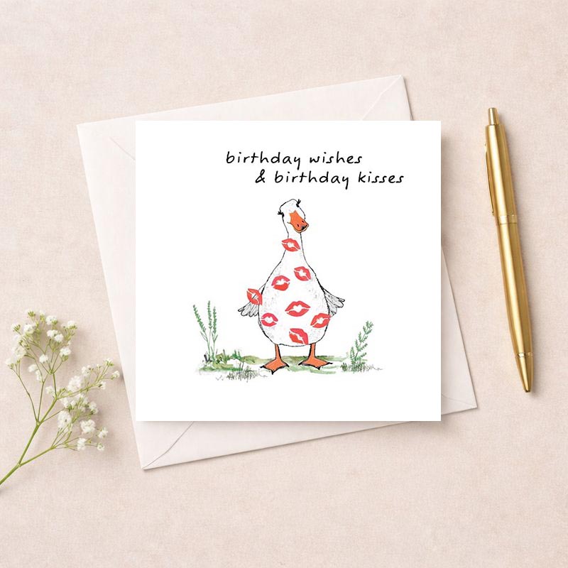 Adorable duck card with lipstick kisses, perfect for birthdays and special occasions. Spread joy and show you care!