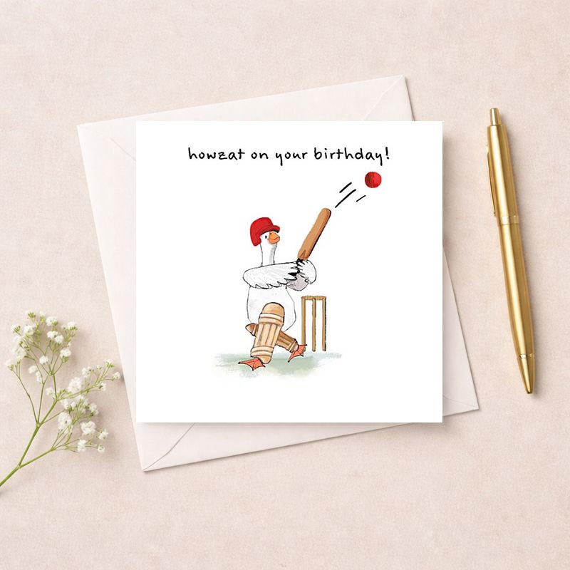 Charming greetings card with cartoon chicken playing cricket - perfect for cricket lovers or those who appreciate humor. Ideal for birthdays or festive events.