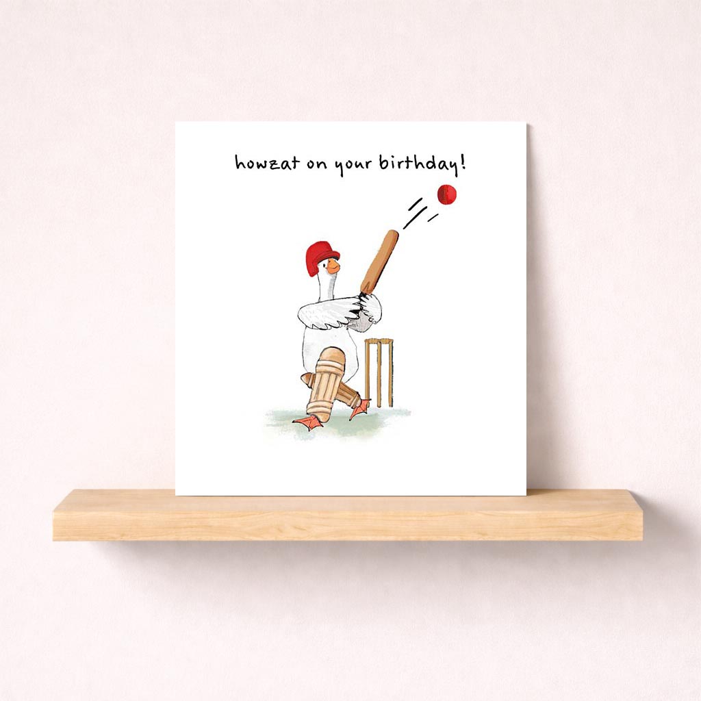 Charming greetings card with cartoon chicken playing cricket - perfect for cricket lovers or those who appreciate humor. Ideal for birthdays or festive events.