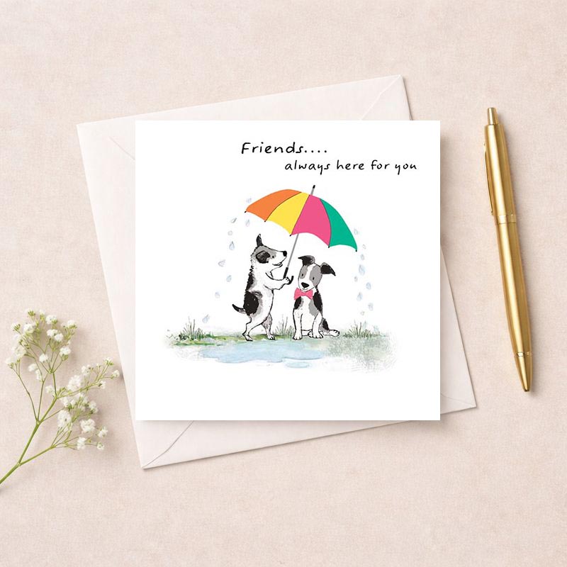 Charming card with dog and cat under umbrella in rain, perfect for sending warm wishes to loved ones.