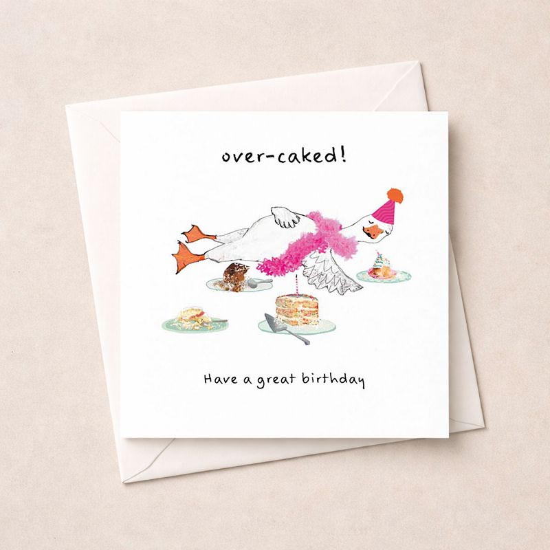 Adorable greetings card with cute chicken in pink hat and scarf, next to a cake with candle. Perfect for birthdays and celebrations.