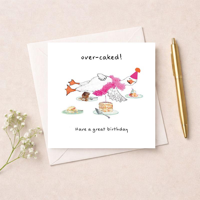 Adorable greetings card with cute chicken in pink hat and scarf, next to a cake with candle. Perfect for birthdays and celebrations.