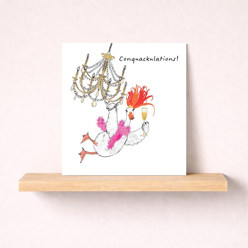 Charming greetings card with bird, chandelier, and wine for celebrations.