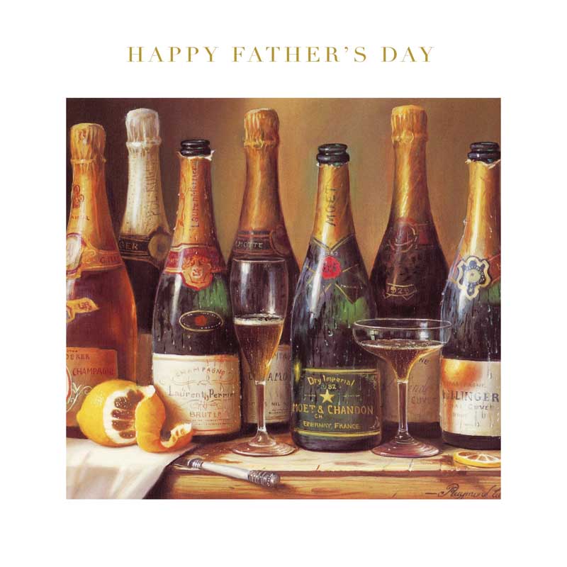 Charming greetings card with wine bottles, "HAPPY FATHER'S DAY" sentiment. Perfect for celebrating Dad!