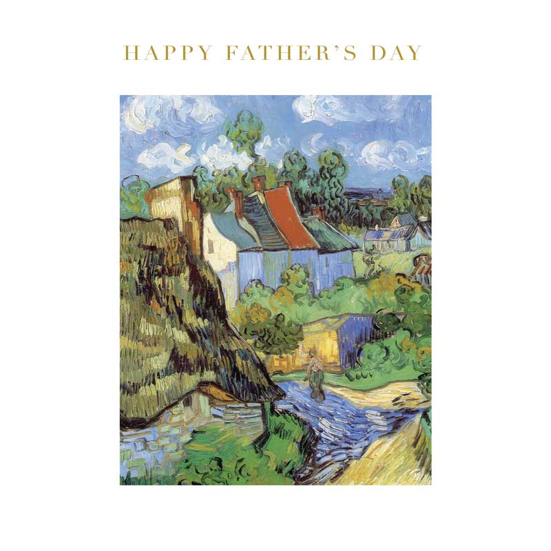 Houses At Auvers By Vincent Van Gogh Charming greetings card with cozy village scene and red-roofed house by stream. Perfect for Father's Day.