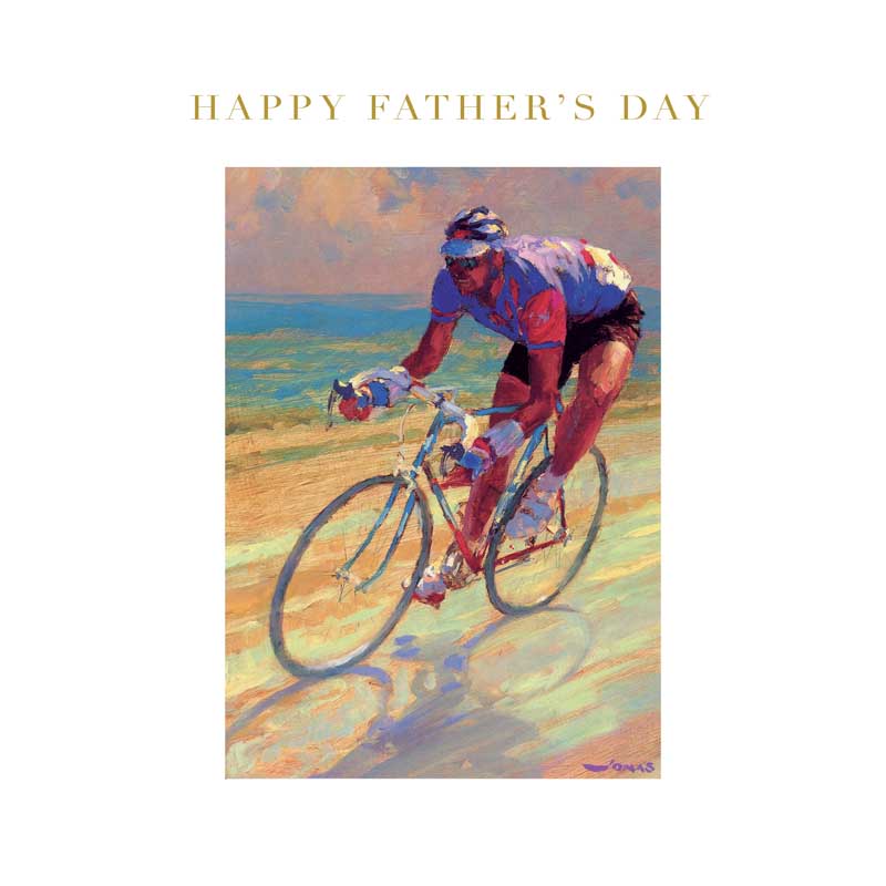 Cyclist Colorful beach-themed greetings card with man riding bike on sandy shore, perfect for celebrating Father's Day or any special occasion.