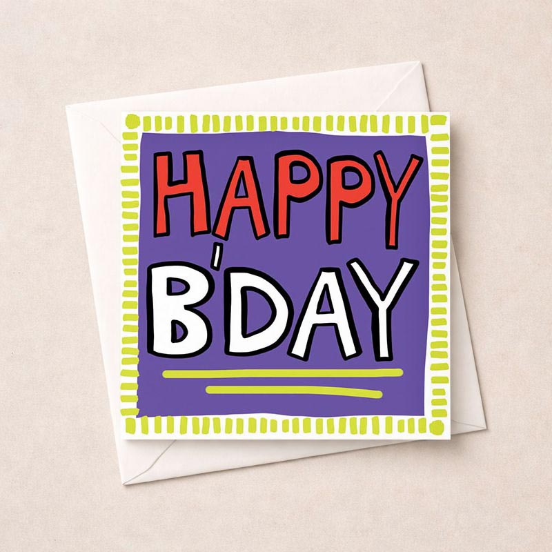 Bright purple birthday card with "HAPPY B'DAY" in cheerful letters, perfect for spreading joy and warm wishes.