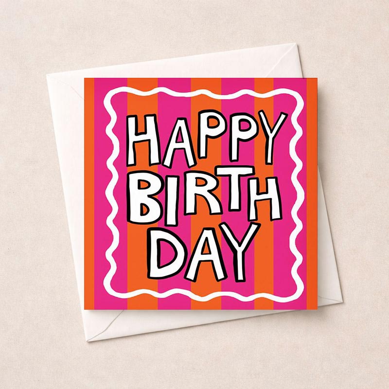 Vibrant birthday card with pink and orange background, bold "HAPPY BIRTH DAY" text, exuding celebratory vibes. Ideal for spreading joy on a special day.