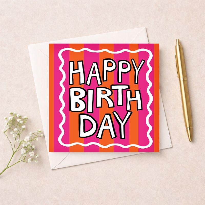 Vibrant birthday card with pink and orange background, bold "HAPPY BIRTH DAY" text, exuding celebratory vibes. Ideal for spreading joy on a special day.
