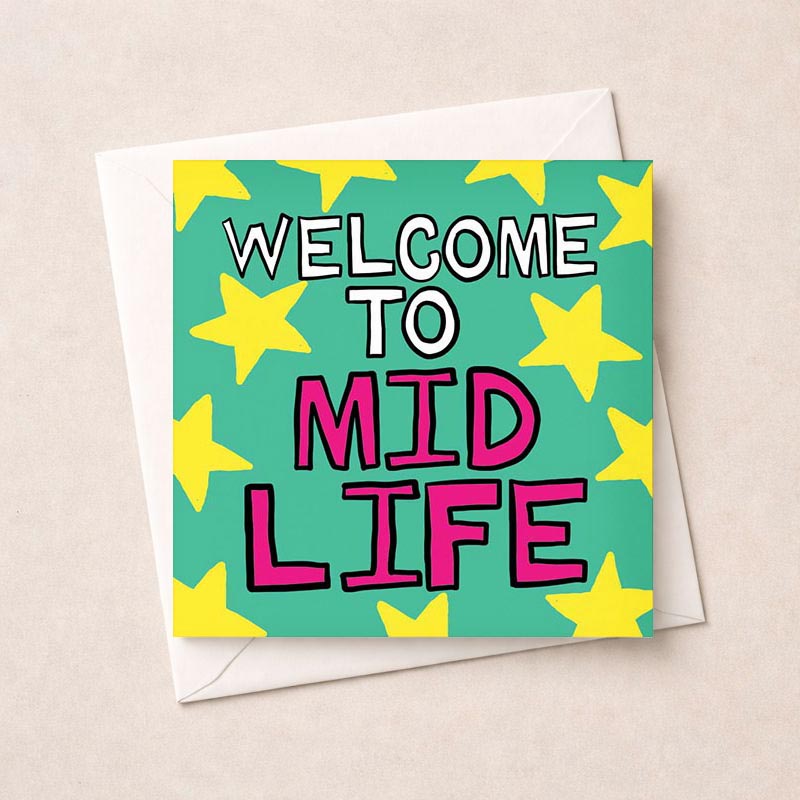 Colorful star-themed greetings card celebrating midlife wisdom and opportunities. Perfect for embracing this new chapter.
