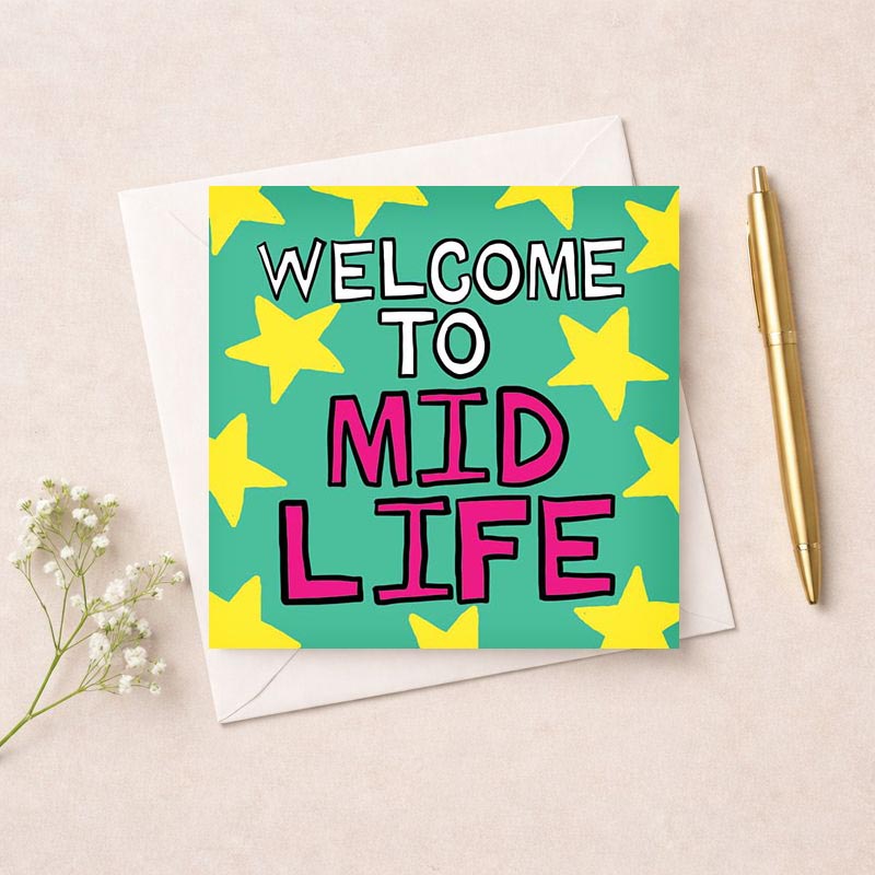 Colorful star-themed greetings card celebrating midlife wisdom and opportunities. Perfect for embracing this new chapter.