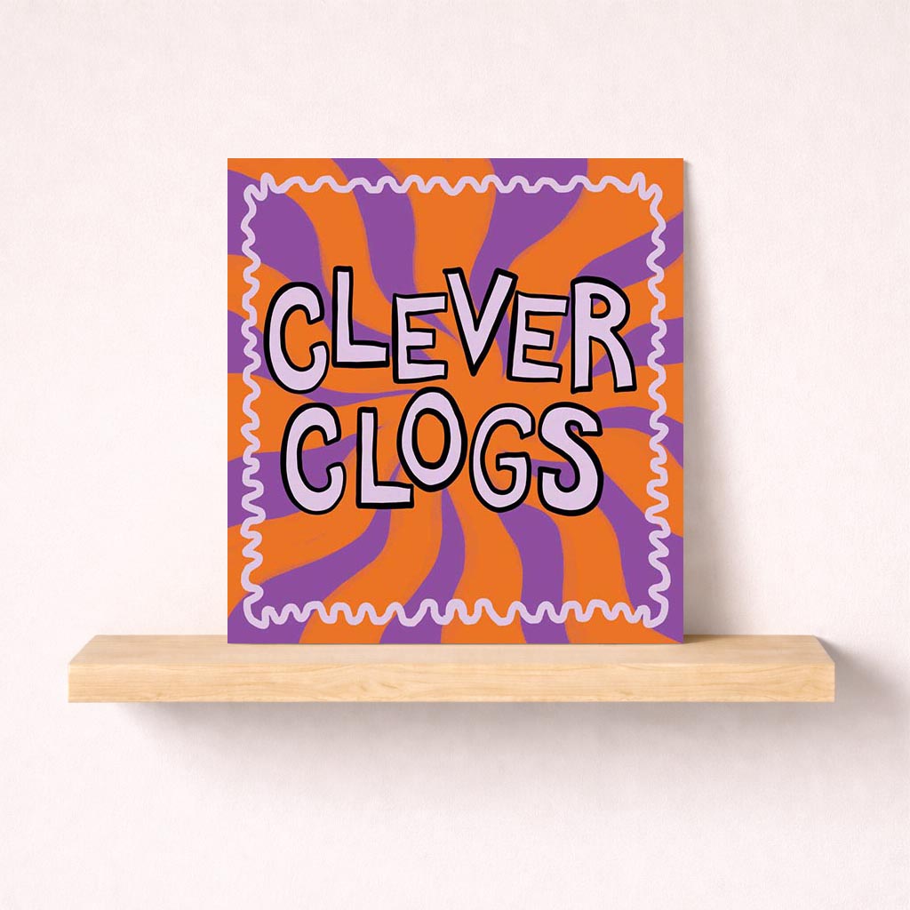 Whimsical cartoon of clever clogs on vibrant purple and orange background. Perfect for celebrating achievements.