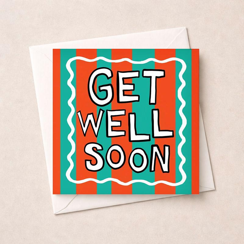 Colorful striped greetings card with "GET WELL SOON" message, perfect for lifting spirits during tough times.