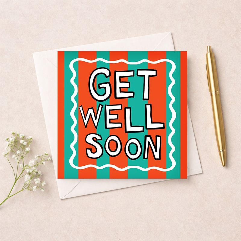 Colorful striped greetings card with "GET WELL SOON" message, perfect for lifting spirits during tough times.