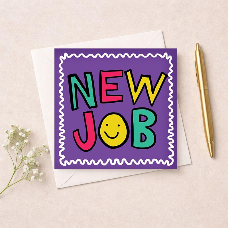 Bright "NEW JOB" greetings card with smiley face design, perfect for celebrating career milestones. Vibrant and encouraging.
