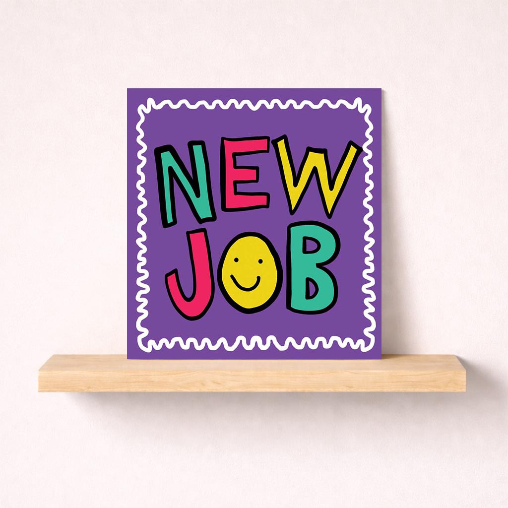 Bright "NEW JOB" greetings card with smiley face design, perfect for celebrating career milestones. Vibrant and encouraging.