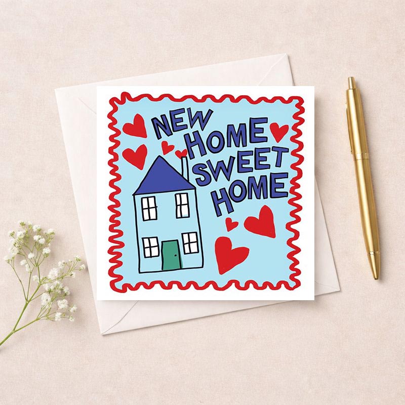 Cozy blue house with hearts, 'NEW HOME SWEET HOME' message. Perfect for welcoming loved ones to their new abode.