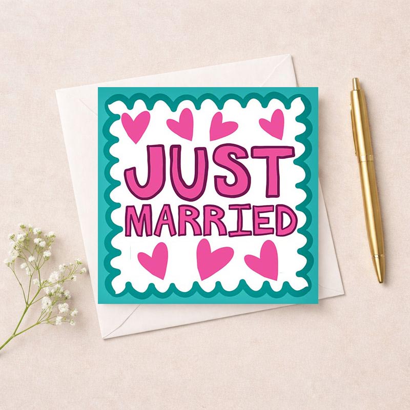A sweet "JUST MARRIED" card with hearts in pink and purple tones, perfect for newlyweds celebrating their union.